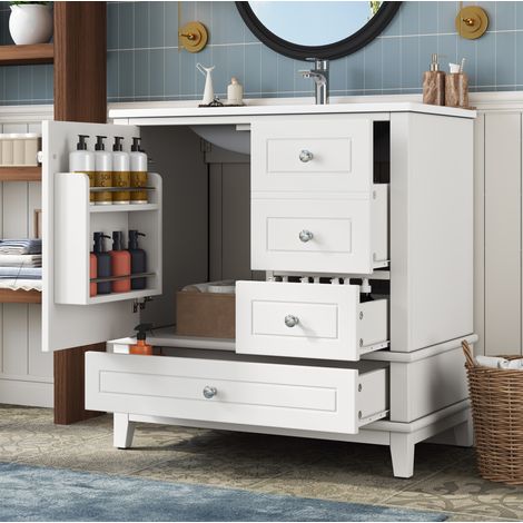 Waschtischunterschrank 81 cm weiß glänzend mit 3 Schubladen, Tür und Waschbecken OKMYHOME (1/5)