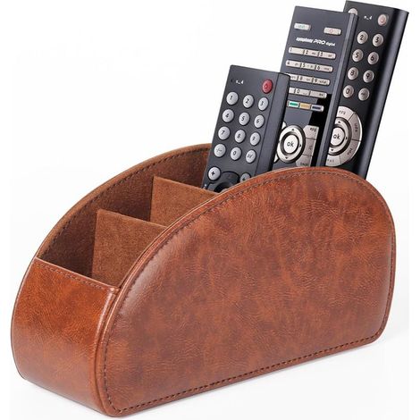 Porte-télécommande avec 5 poches, grand support pour TV, DVD, clé 4K et télécommandes Bluray, rangement pour crayons, marron (1/4)