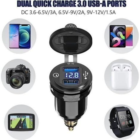 Chargeur USB Moto - Connecteur DIN Hella - Étanche - Voltmètre LED Intégré - 12 V À 24 V - Pour Motocyclettes Européennes - 1 Pièce (1/4)