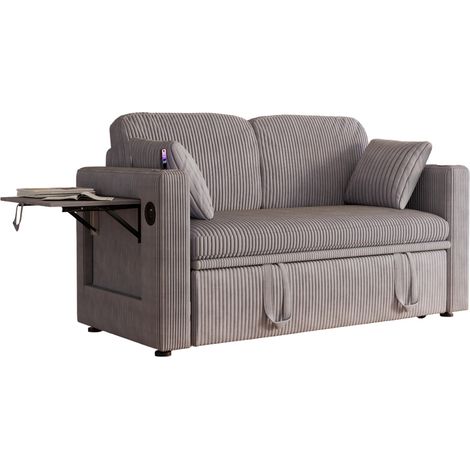 Chaise convertible lit 3-en-1 en velours côtelé gris, dossier réglable 5 positions, tables pliantes, ports USB-C/USB et porte-gobelets – CHICFURN (1/5)