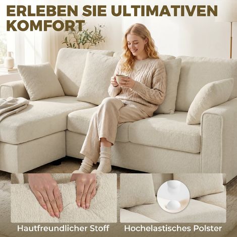 Canapé d'angle avec méridienne réversible, canapé 3 places velours aspect, assise large et profonde, coussins à ressorts, Beige (1/5)