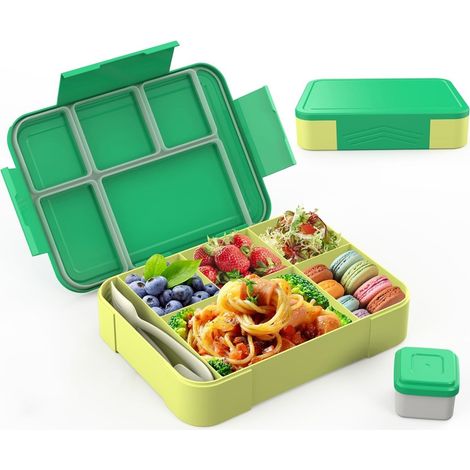 Boite A Dejeuner Enfants - 1300 ml - 5 Compartiments - Etanche - Avec Couverts - Micro-ondes Congelateur Lave-vaisselle - Vert (1/5)