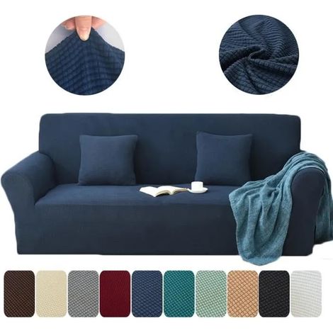 1-Pièce Jacquard Housse de Canapé Extensible, Peluche Revêtement de Canapé (de 235 à 300 cm) - 4 Place,bleu foncé (1/4)