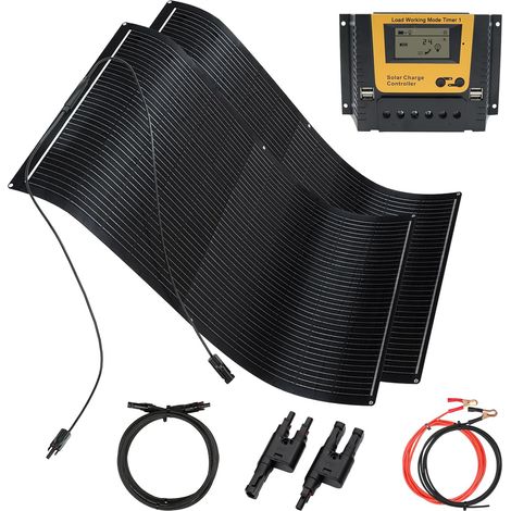 Kit Panneau Solaire Souple 300W – 2 Panneaux 150W + Régulateur de Charge 30A 12V/24V + Câbles Solaires, Surface PET Noire Fine et Légère pour Camping-car, Bateau, Caravane (1/5)