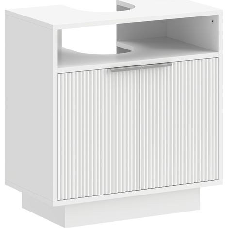 Meuble sous-évier avec 2 portes rainurées et compartiment ouvert pour évier sans colonne, 60 x 33 x 63 cm, blanc (1/5)