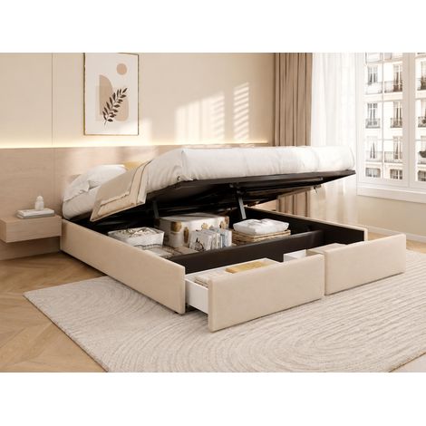 Cama con almacenaje 160x200 cm y 2 cajones, cama de matrimonio tapizada sin cabecero, estilo minimalista en tela de lino, Beige (1/5)