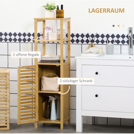 Étagère salle de bain bambou, meuble rangement avec porte à lattes, étagères ajustables, 33x30x120 cm (1/4)