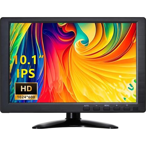 Moniteur de vidéosurveillance portable 10,1 pouces (1024 x 600 IPS) avec support, haut-parleurs intégrés, boîtier, écran, télécommande et entrées DMI/VGA/BNC/USB pour caméra de sécurité (1/5)