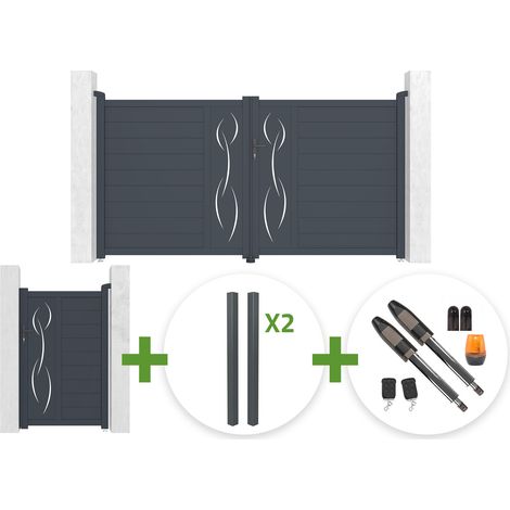 Portail battant 3m LIFE H.160cm gris + Portillon 1m LIFE H.160cm + 4 poteaux ELDA + motorisation Tanker B700 (1/5)