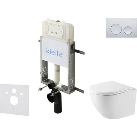 kielle Genesis New - Conjunto de instalación empotrada, inodoro compacto Oudee, Vortex Rimless+, asiento con cierre suave y pulsador Gemini New I, cromo brillante 30528SZ38
