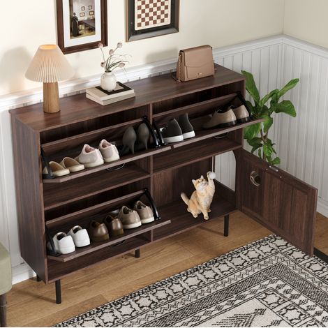 Schuhschrank mit 4 Türen und 3 Klappen für 7–9 Paar Schuhe, Natur-Nussbaum HAVRYA (1/5)