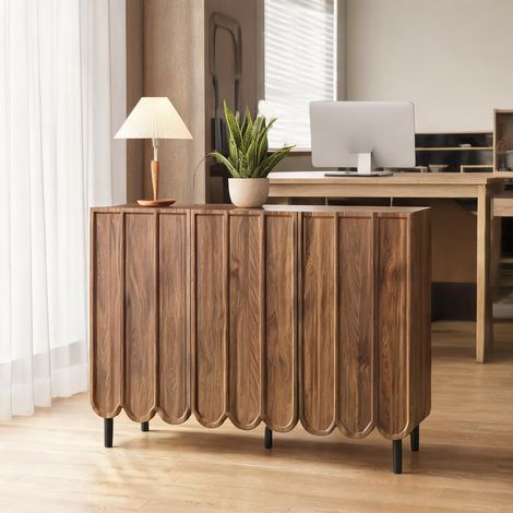 Buffet en MDF noyer avec portes ondulées 120 cm 120 x 35 x 80 cm (1/5)