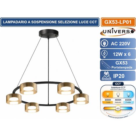UNIVERSO GX53-LP01 LAMPADARIO LED MODERNO A SOSPENSIONE 6 LUCI CON FUNZIONE CCT SELEZIONABILE 3000K 4000K 6500K IP20 (1/2)