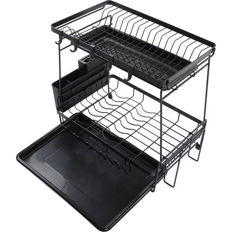 Égouttoir à vaisselle à 2 niveaux avec bac de rétention, résistant à la rouille, en acier au carbone, amovible, pour plan de travail de cuisine (1/5)