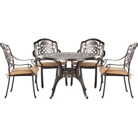Conjunto de jardín de aluminio marrón mesa y 4 sillas con cojines estilo retro Salento (1/5)