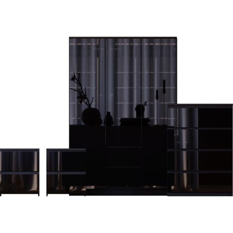 Glinton 4 Piece Bedroom Set (2 Drw Bedside x2, 4 Drw Chest, 3 Dr 2 Drw Wardrobe), Black (100% FSC) (1/4)