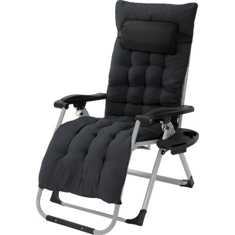 Hauki Sonnenliege klappbar Schwarz, Liegestuhl mit Polster, verstellbarem Nackenkissen & Getränkehalter, Extra groß Gartenliege wetterfest, Zero Gravity Outdoor Relaxliege, Gartenstuhl mit Rückenlehne