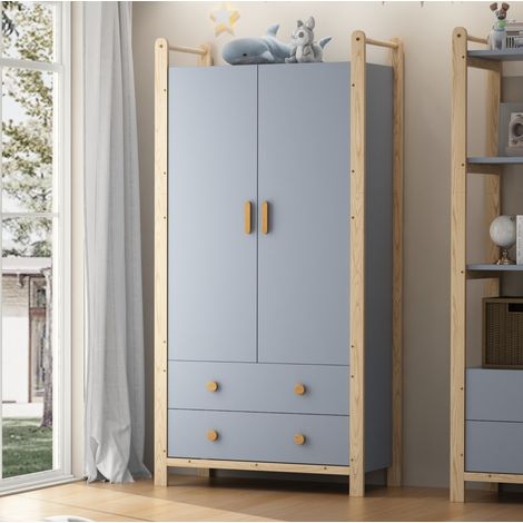 Ensemble dressing et étagère 90x44x180.5 cm + 70x44x180.5 cm bleu et bois naturel en bois massif et MDF avec tiroirs (1/5)