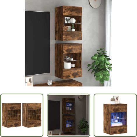 Meuble TV mural - Meubles muraux avec lumières LED pour TV 2pcs chêne fumé 40x30x60,5 cm (1/5)