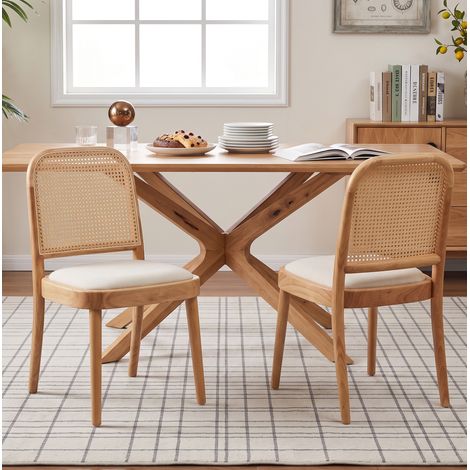 4 sillas de comedor de madera con respaldo de ratán, lino, natural OKMYHOME (1/5)