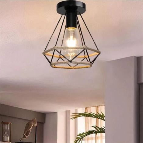 U-Do Plafonnier Industriel en Corde de Chanvre Vintage 20cm Lustre de Plafonde Cage en Fer Noir (1/4)