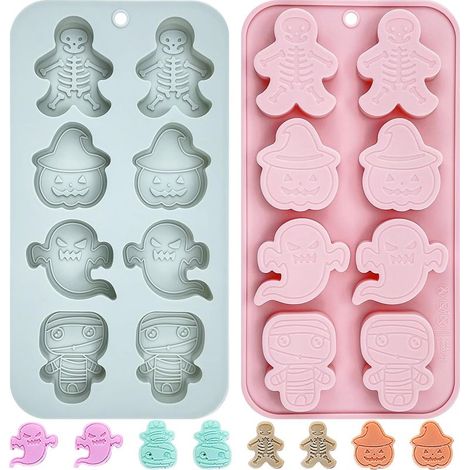 Lot de 2 moules silicone personnages Halloween à formes squelette, citrouille, fantôme, momie, moules flexibles réutilisables pour chocolat, bonbons, pâte à sucre, modelage sucré et décoration de gâte (1/5)