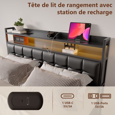 Dans Les Nuages – Lit coffre 160x200 cm avec éclairage LED – Rangement hydraulique – Charge USB-A/C – Sommier à lattes en bois – Similicuir noir