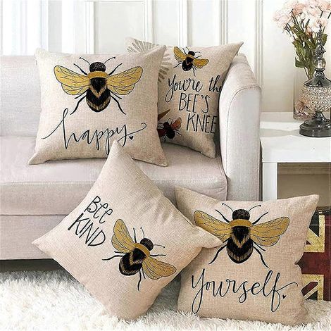 Housses de coussins abeilles pour extérieur. imperméables. épaisses et résistantes. jaunes. lot de 4. décoratives pour la maison et le jardin. pour canapé. en lin. carrées. (1/5)