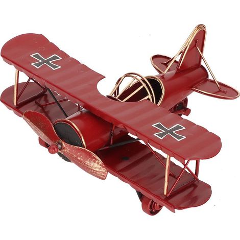 Avion biplan vintage en fer forgé rouge, modèle d'avion rétro pour décoration de bureau et accessoire photo. (1/5)