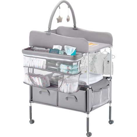 VEVOR Table a Langer Pliable, Plan a Langer 2 Tiroirs en Tissu, Panier Lateral et Tringle de Suspension, Meuble pour Bebe Reglable en Hauteur, avec Roulettes Verrouillables et 2 Jouets Etoiles, Gris