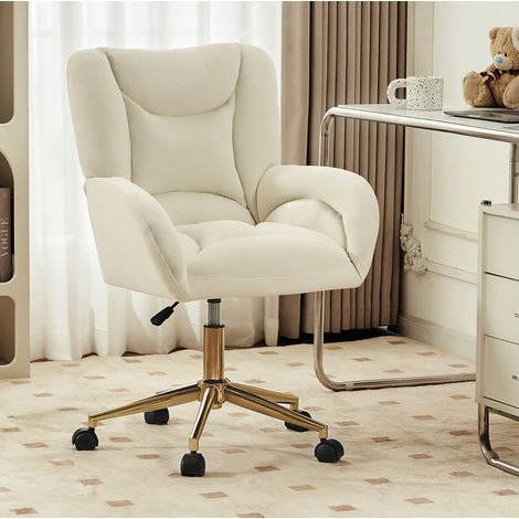 Full KD Velvet Stoffmaterial Höhenverstellbarer Drehstuhl für das Home-Office im Innenbereich mit goldenen Beinen, Elfenbein (1/5)