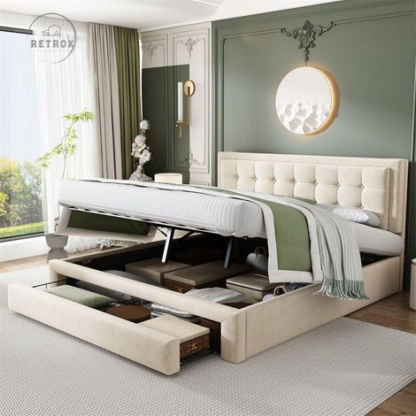 Lit coffre avec 2 tiroirs - lit double rembourré avec sommier à lattes et tête de lit - lit de rangement en velours 160x200cm beige (1/5)