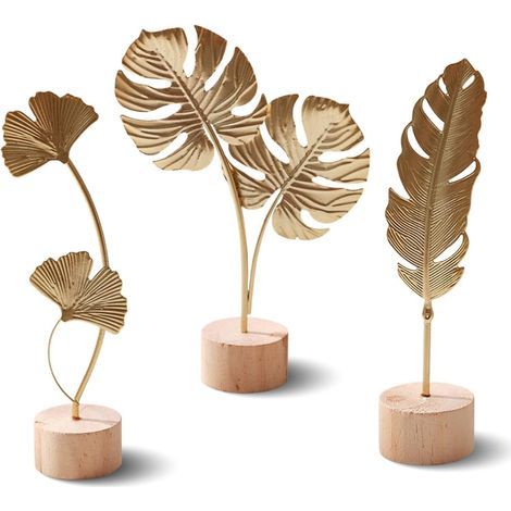 Set mit 3 dekorativen Ginkgoblatt-Statuen – mit Holzsockel – Moderne Tischdekoration für Wohnzimmer, Schlafzimmer, Büro – Ideale Frühlingsdekoration und Geschenkidee (1/5)