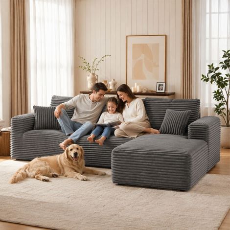 Canapé convertible - 4 Place - 263x173x61cm - Style nordique moderne - Tissu en velours côtelé - Facile à installer - Pour Salon, Chambre - Gris (1/5)