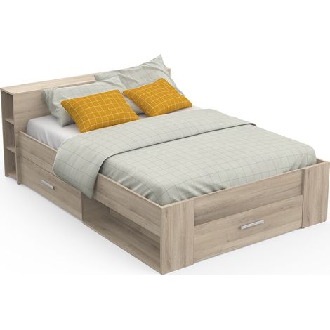 Lit adulte 140x190 cm avec rangement 3 tiroirs couleur chêne - Largeur 150,1 x Profondeur 217,1 x Hauteur 74,3 cm (1/5)