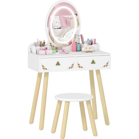 Coiffeuse pour enfant 2 en 1 bureau enfant fille avec miroir à LED 3 couleurs et tabouret 60x30x99,3 cm blanc (1/5)