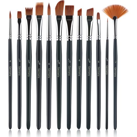Brush Set - 12 Pieces Nylon Hair Painting Brushes - Watercolor Acrylic Oil Art Supplies - Round Flat Filbert Wash Liner Angular - 17.5 To 20 Cm - Wooden Handle (1/5)
