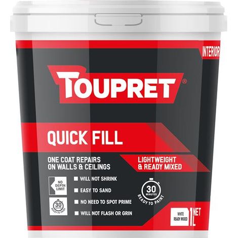 Toupret Quick Fill Interior Universal Ready-Mixed Filler – 1 Litre, Sanded Finish, Dries in 30 Minutes