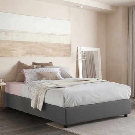 Talamo Italia Cama matrimonial Gioia, Cama contenedor con revestimiento de tela, 100% Made in Italy, Apertura frontal, con colchón Cm 140x200 incluido, Gris, con embalaje reforzado (1/5)