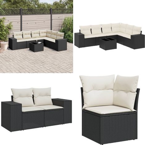 7-tlg. Garten-Sofagarnitur mit Kissen Schwarz Poly Rattan - Gartenmöbel Set - PE-Rattan Möbel - Outdoor Lounge - Esstisch - Sofasatz - Home & Living (1/5)