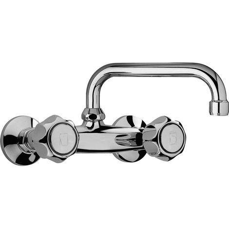 Mitigeur mural chromé pour évier cuisine, bec U orientable 360°, corps laiton massif, design vintage épuré, résistant à l'usure. (1/2)