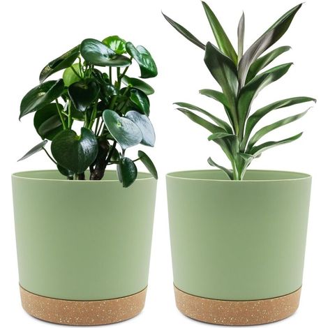 Set of 2 Plant Pots 19.5cm, Indoor Plant Pots with Drainage Holes and Removable Base, Modern Decorative Saucer for Outdoor Planters (Green 19.5cm)