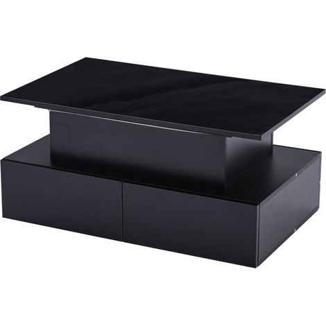 Table basse noire laquée avec LED, 4 tiroirs et plateau coulissant, 90x55x41 cm (1/5)