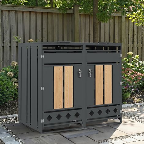Mülltonnenbox, mit Klappdeckel,  trash storage compartments,Abschließbar, Zwei Türen,Türpaneel mit vertikaler Holzmaserung , Rautenförmiger Hohlsocke