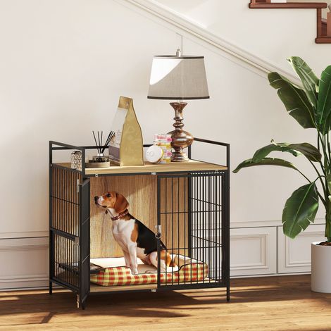 Jaula para Perros Mesa Auxiliar Moderna con Soporte Giratorio con 2 Tazones y 2 Puertas 80x56x76,5 cm Roble (1/5)