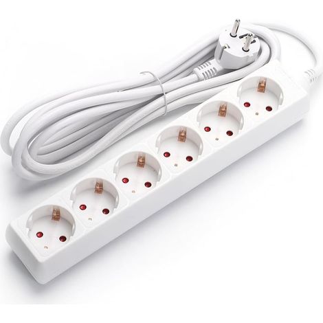 Multiprise 6 Voies 5 m 3G 1,5 mm², Blanche, pour connecter plusieurs appareils électriques de manière sûre et ordonnée.