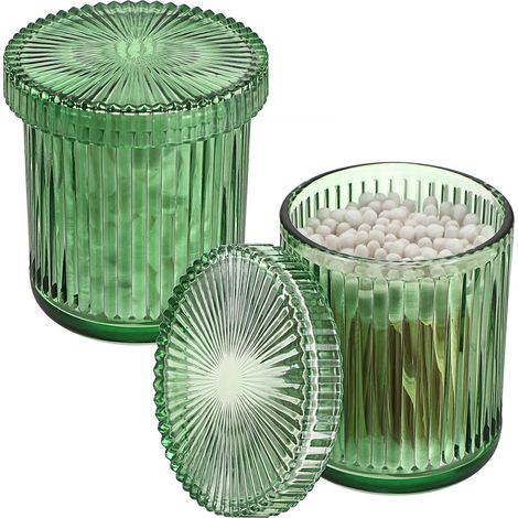 Lot de 2 boîtes à cotons-tiges en verre avec couvercle - Rond - Vert - Pour salle de bain, chambre à coucher, lavabo, coiffeuse (1/5)