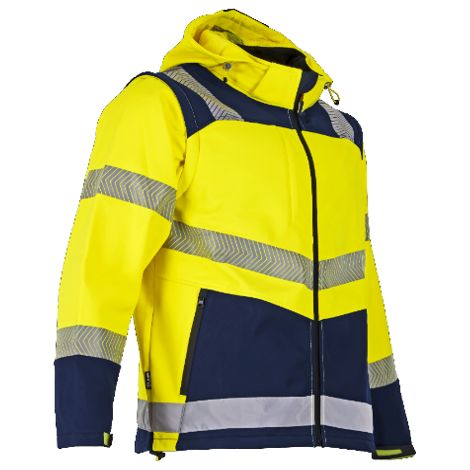 LMA – Veste haute-visibilité softshell 3 couches – Capuche amovible – Bandes rétroréfléchissantes – Jaune/Marine – Conformité normes françaises
