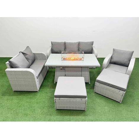 Fimous Patio PE Wicker 8 Seater Outdoor Rattan Furniture Sofa Sets with Firepit Dining Table Reclining Chair Loveseat Sofa 3 Seater Sofa 2 Big Footstools Light Grey (1/4)