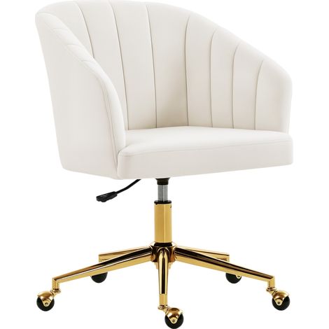 Chaise de bureau velours blanc crème réglable en hauteur, roulettes, piètement acier, mousse 130cm
